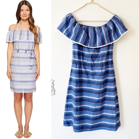 Letarte Blue Chambray Striped Off Shoulder Ruffle Sundress Coverup S - Picture 1 of 8